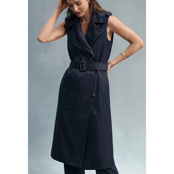 Ann Taylor Pinstripe Belted Trench Vest Navy/White Combo Medium - Picture 9 of 9